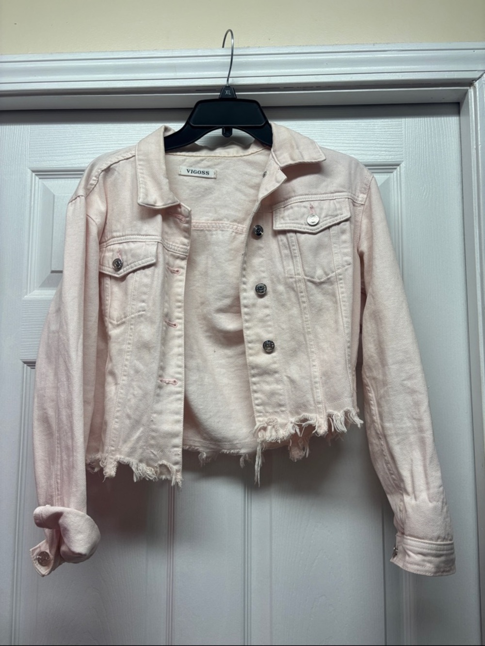 Vigoss Cropped Blush Pink Denim Jacket with Frayed Hem Small